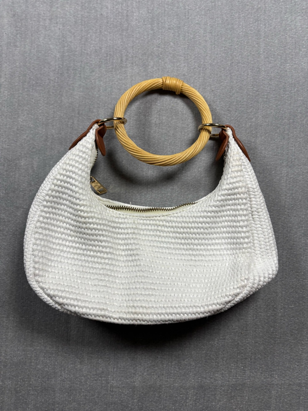 White Woven Mini Handbag Bamboo Handle Y2K Coastal Chic Summer Shoulder Bag